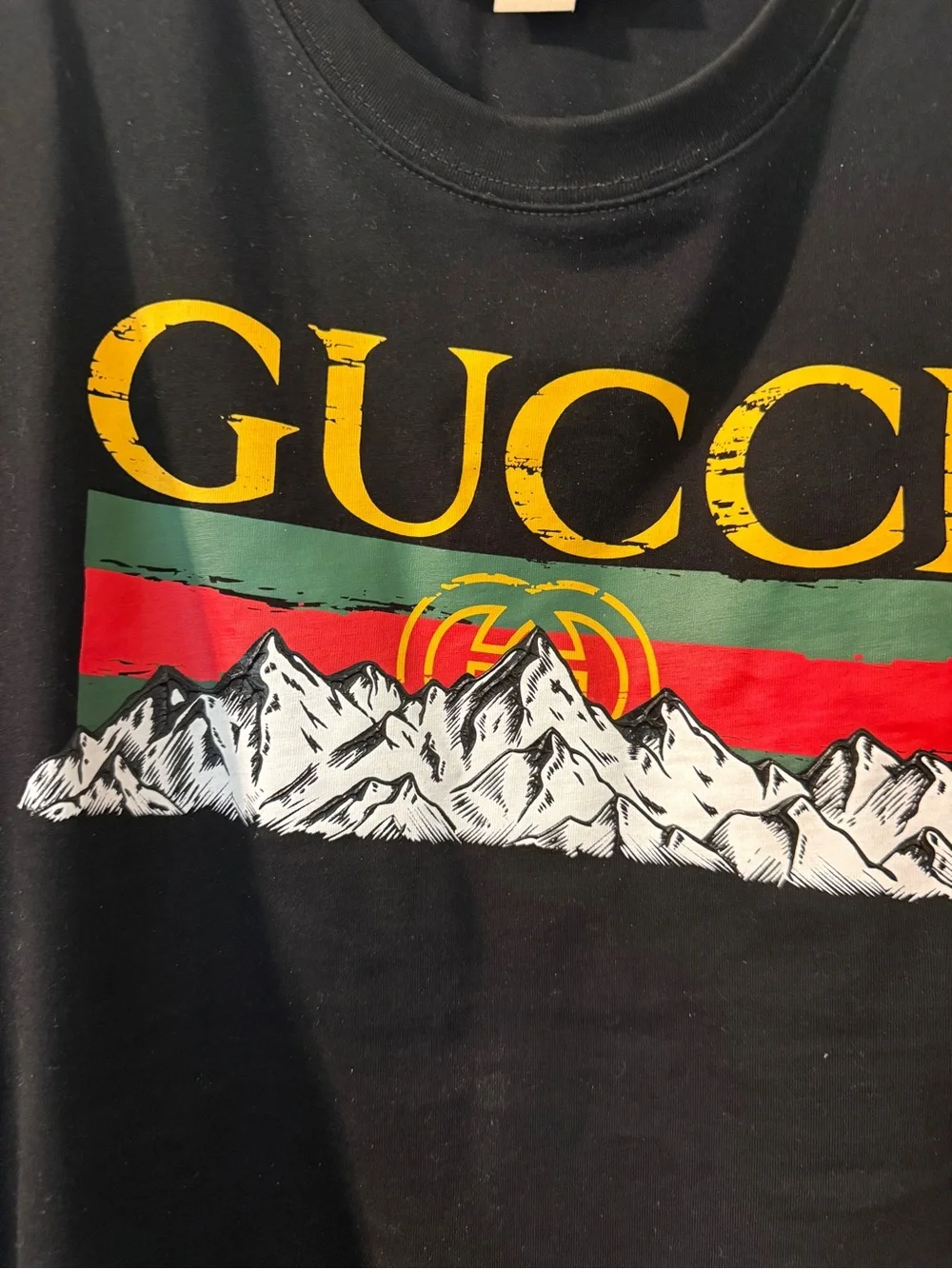 GucciNorth face collab  Black Short Sleeve Tee with Yellow Logo and Red-Green St